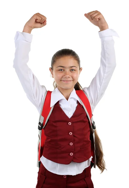 Beautiful little girl in school uniform isolated on white — Stock Photo, Image