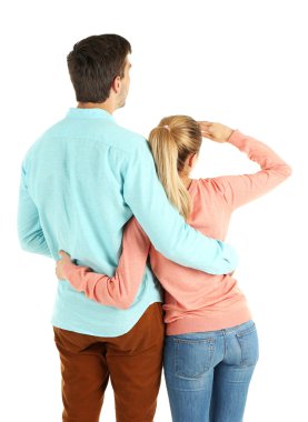 Genç çiftin üzerinde beyaz izole arkadan görünüm