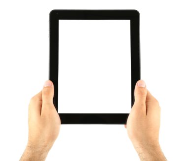 erkek eller üzerinde beyaz izole tablet holding