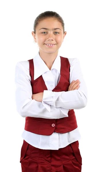 Hermosa niña en uniforme escolar aislado en blanco —  Fotos de Stock