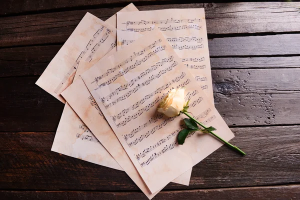 Beautiful rose on music sheets on wooden background — Stock Photo, Image