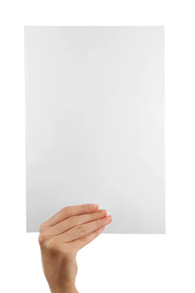 Mano femenina sosteniendo papel en blanco — Foto de Stock