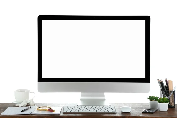 Computer on wooden table with blank — Stock Photo, Image
