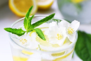 Soğuk ferahlatıcı yaz içeceği nane ile bardak ve masada limon dilimleri kapat