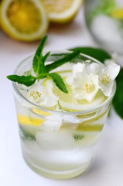 Soğuk ferahlatıcı yaz içeceği nane ile bardak ve masada limon dilimleri kapat