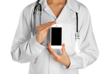 Doktor stetoskop ve akıllı telefon, beyaz izole