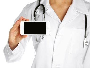 Doktor stetoskop ve akıllı telefon, beyaz izole