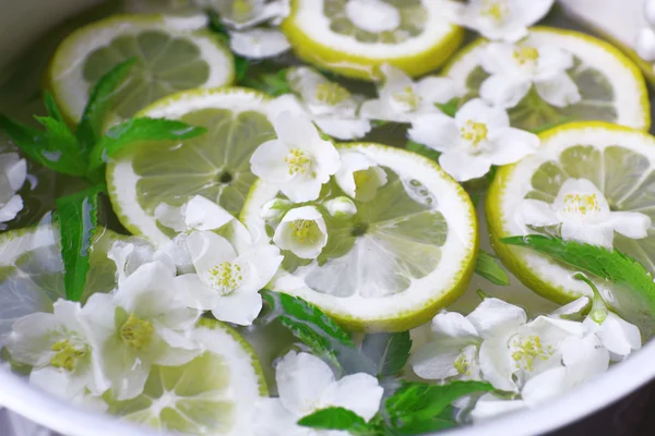 Refrescante bebida fría de verano con menta y rodajas de limón en la sartén de cerca —  Fotos de Stock