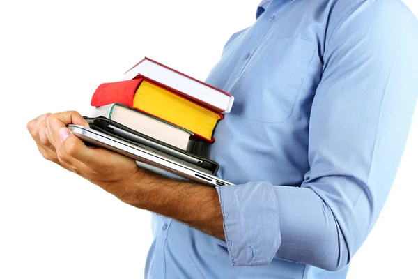Hombre con libros, laptop y tablet — Foto de Stock