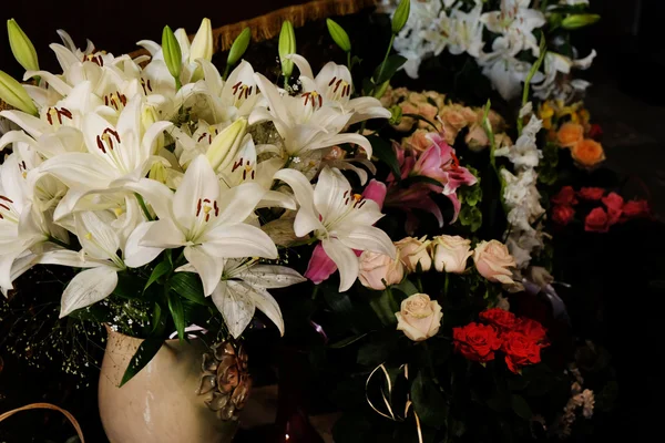 Bouquets of different fresh flowers, closeup — Stok Foto