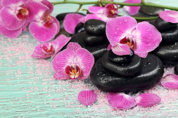 Fioletowe kamienie orchidea i zen — Zdjęcie stockowe