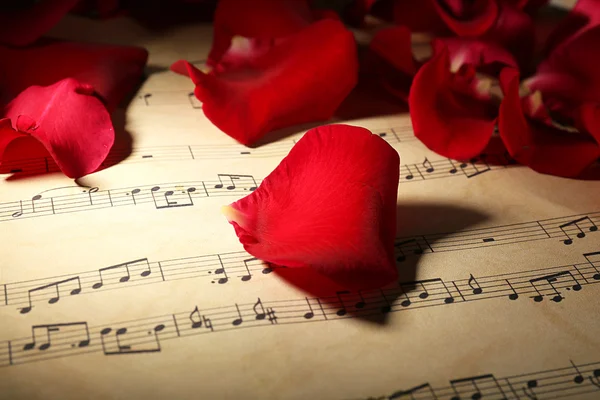 Belles pétales de rose sur les feuilles de musique — Photo