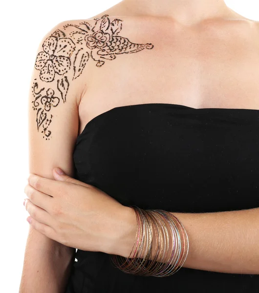 Ombro pintado com henna- Mehendi, isolado em branco — Fotografia de Stock