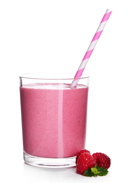 Glass of raspberry milk shake on light background — Stock Photo, Image