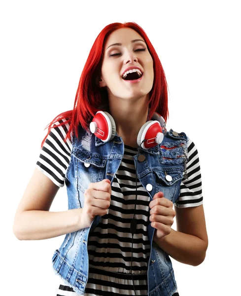 ヘッドフォンを持つ美しい若い女性 — ストック写真