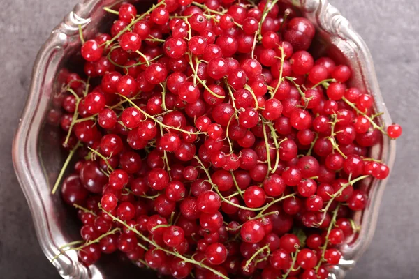 Ripe red currants in metal bowl on table, top view — Stock Photo, Image