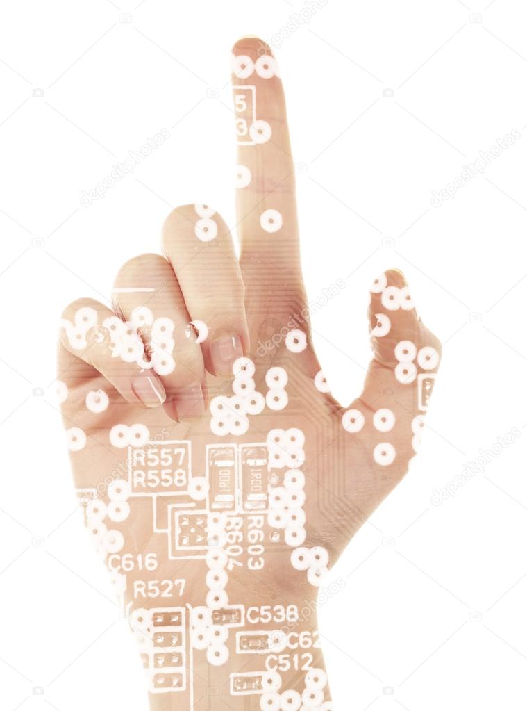 Human palm with microchip picture on it isolated on white