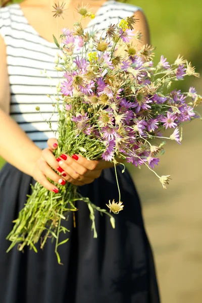 Manos femeninas con ramo de flores silvestres —  Fotos de Stock