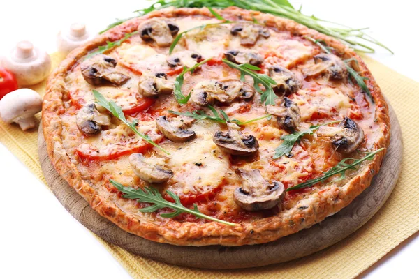 Tasty pizza with vegetables and napkin close up — Stock Photo, Image