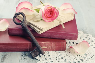 Eski kitap ve harfler ile taze gül