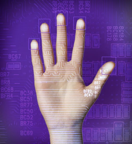 Palma humana con imagen de microchip — Foto de Stock