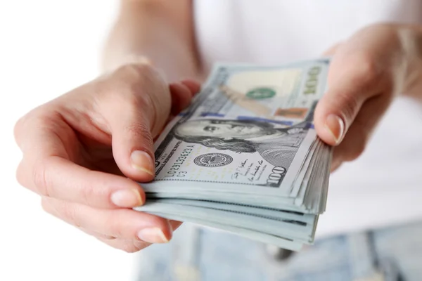 Female hands holding dollars — Stock Photo, Image