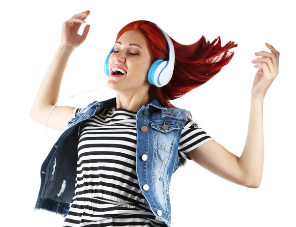 Hermosa mujer joven con auriculares —  Fotos de Stock