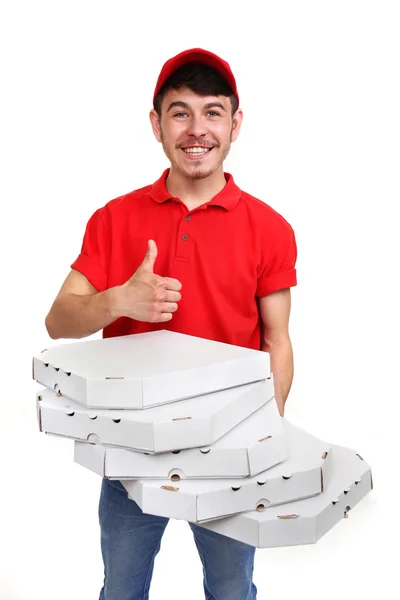 Delivery boy with cardboard pizza box isolated on white — Stock Photo, Image