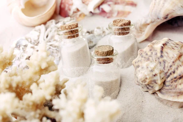 Beautiful seashells on sand background — Stock Photo, Image
