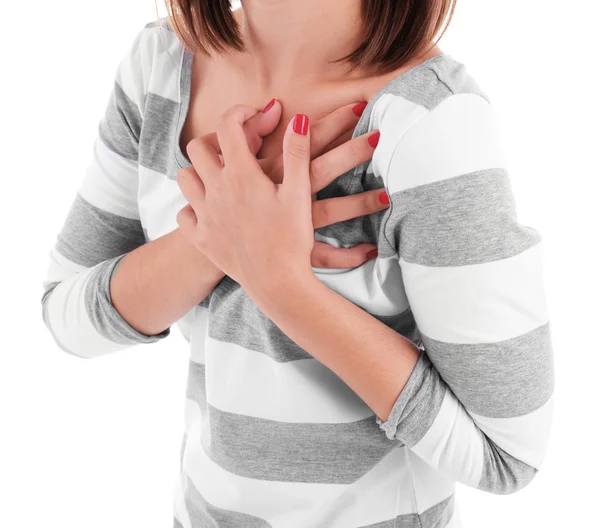 Жінка має біль у грудях — стокове фото