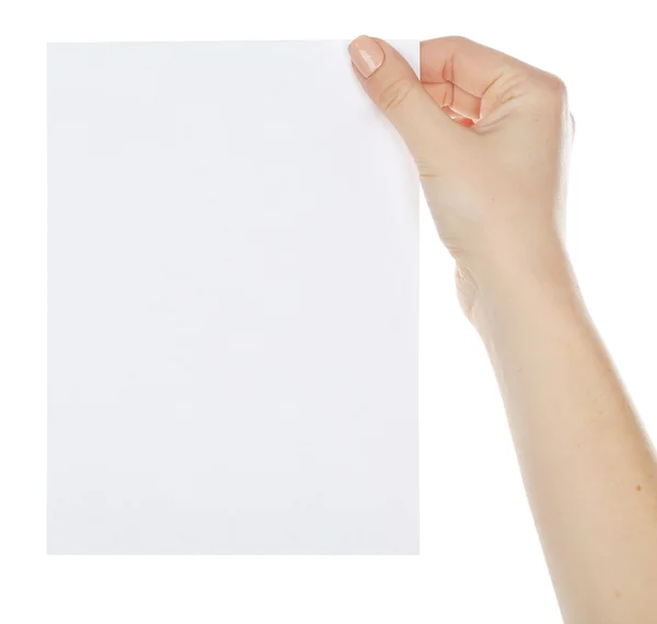 Mão segurando cartão em branco isolado no branco — Fotografia de Stock