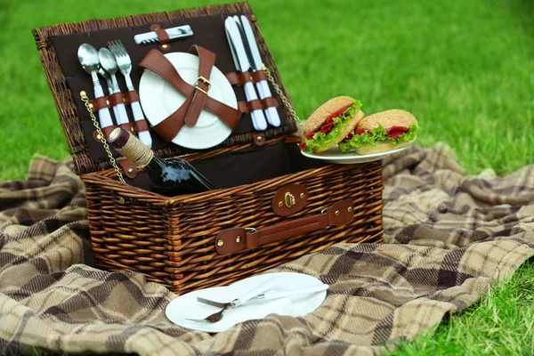 Cesta de picnic de mimbre, sabrosos sándwiches y cuadros en hierba verde, al aire libre — Foto de Stock