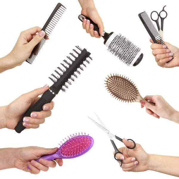 Different hairdressing supplies in hands isolated on white in collage — Stock Photo, Image
