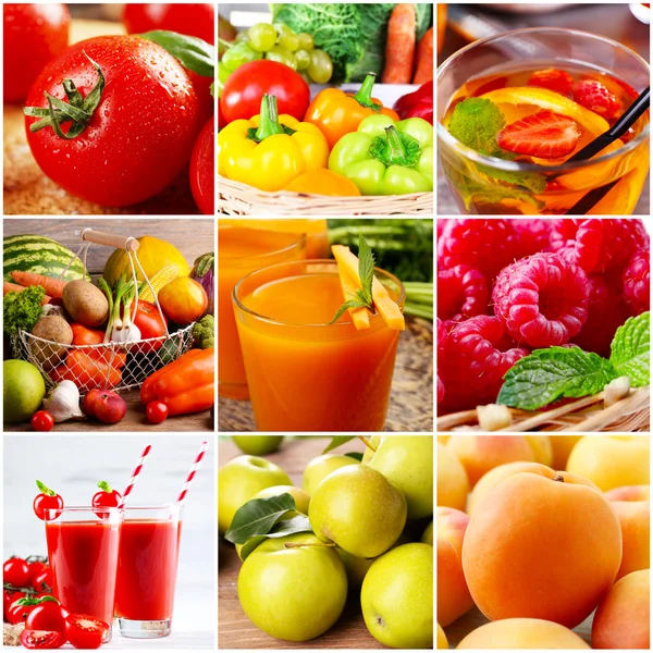 Collage of fresh drinks, fruits and vegetables — Stock Photo, Image