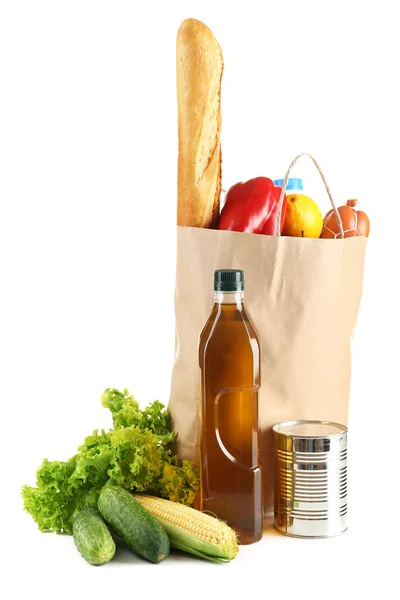 Paper bag with food isolated on white — Stock Photo, Image