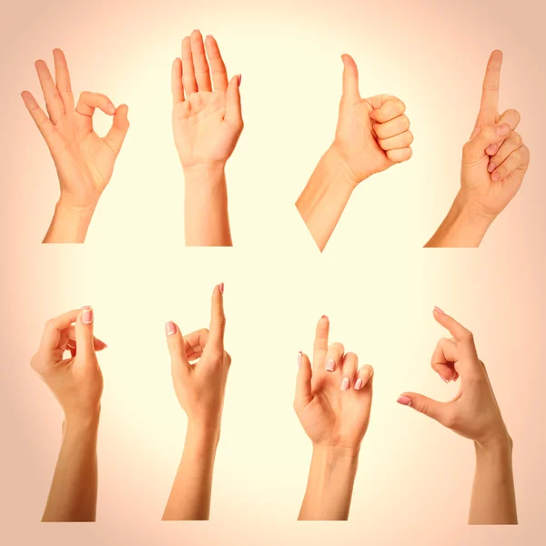 Collage of hands showing different gestures on light background — Stock Photo, Image