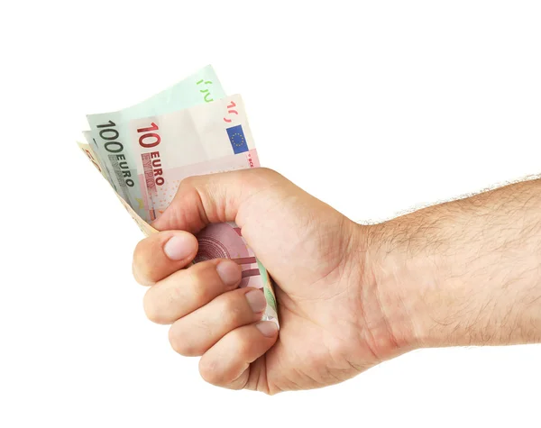 Чоловіча рука тримає гроші ізольовані на білому — стокове фото
