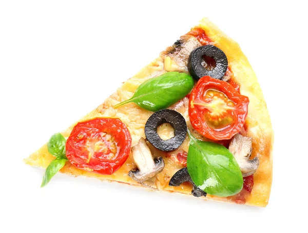 Slice of tasty pizza with vegetables and basil isolated on white — Stock Photo, Image