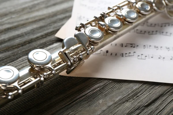 Silver flute with music notes — Stock Photo, Image