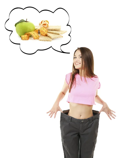 Sağlıklı gıda, beyaz izole hakkında düşünceleri ile güzel kız — Stok fotoğraf