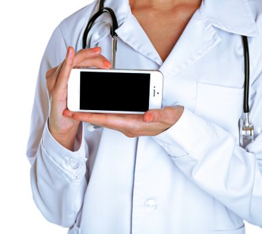Doktor stetoskop ve akıllı telefon, beyaz izole