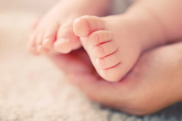 Volwassen handen houden de voeten van de baby, close-up — Stockfoto