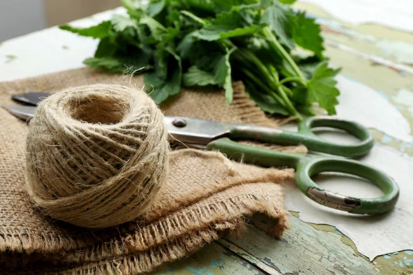 Leaves of lemon balm with rope and scissors on wooden table, closeup — Stock Photo, Image