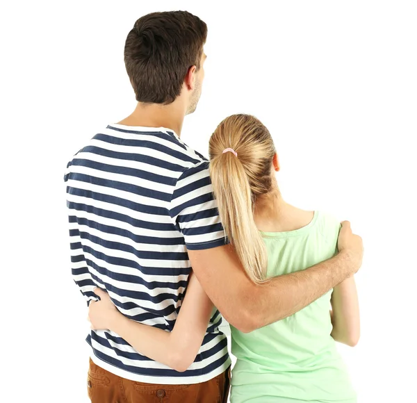 若いカップルが白で隔離の背面図 — ストック写真