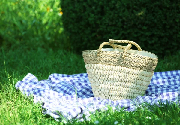 Hasır sepet ve ekose yeşil çimenlerin üzerinde piknik için