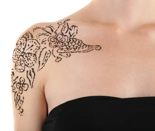 Shoulder painted with henna- Mehendi, isolated on white — Stock Photo, Image
