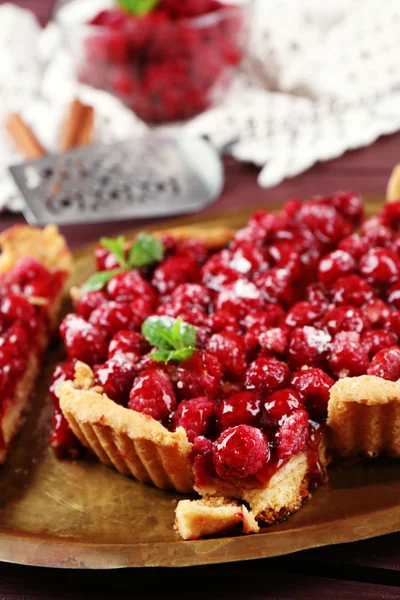 Piece of tart with raspberries on tray, close-up — Stock Photo, Image