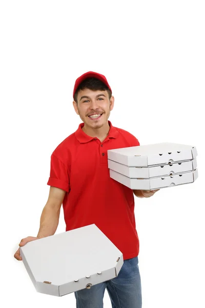 Lieferjunge mit Pizzakarton isoliert auf weiß — Stockfoto