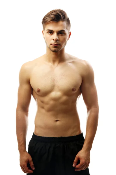 Muskulöser junger Mann isoliert auf weiß — Stockfoto