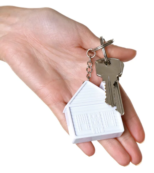 Porte-clés femme avec porte-clés maison isolé sur blanc — Photo